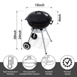 18 Inch Portable Charcoal Grill with Accessories for Outdoor Cooking Barbecue Camping BBQ Coal Kettle Grill - Mini Grill with Grilling Utensil Includes Tongs, Spatula,Fork,Basting Brush, Scraper