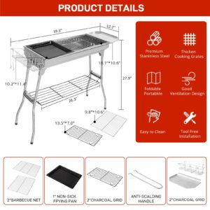 Outvita Portable Charcoal Grill, 39 x 12x 28" Foldable Barbecue Grill, Stainless Steel BBQ Grill for Outdoor Cooking Camping Hiking Picnic Garden Beach Party(Large)