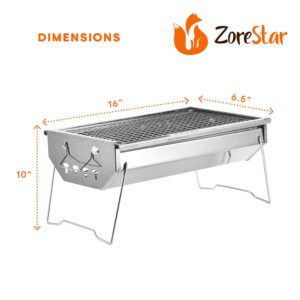 Zorestar Portable Folding Charcoal Grill, Premium Stainless Steel Outdoor BBQ for Camping, Picnics, Backyard Barbecues, Easy Setup, Storage, Ventilation Design, Sturdy & Compact for Travel