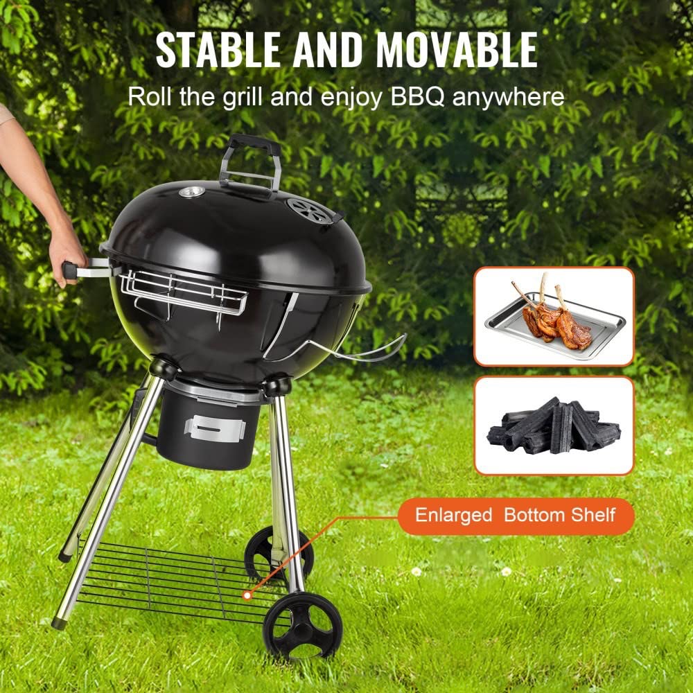 22 inch Portable Charcoal Grill, Propane Gas Kettle Grills with Cover, Iron & Steel Small BBQ Grill, Mini Tabletop Smoker for Outdoor Cooking, Barbecue Camping, Picnic, Patio and Backyard, Black