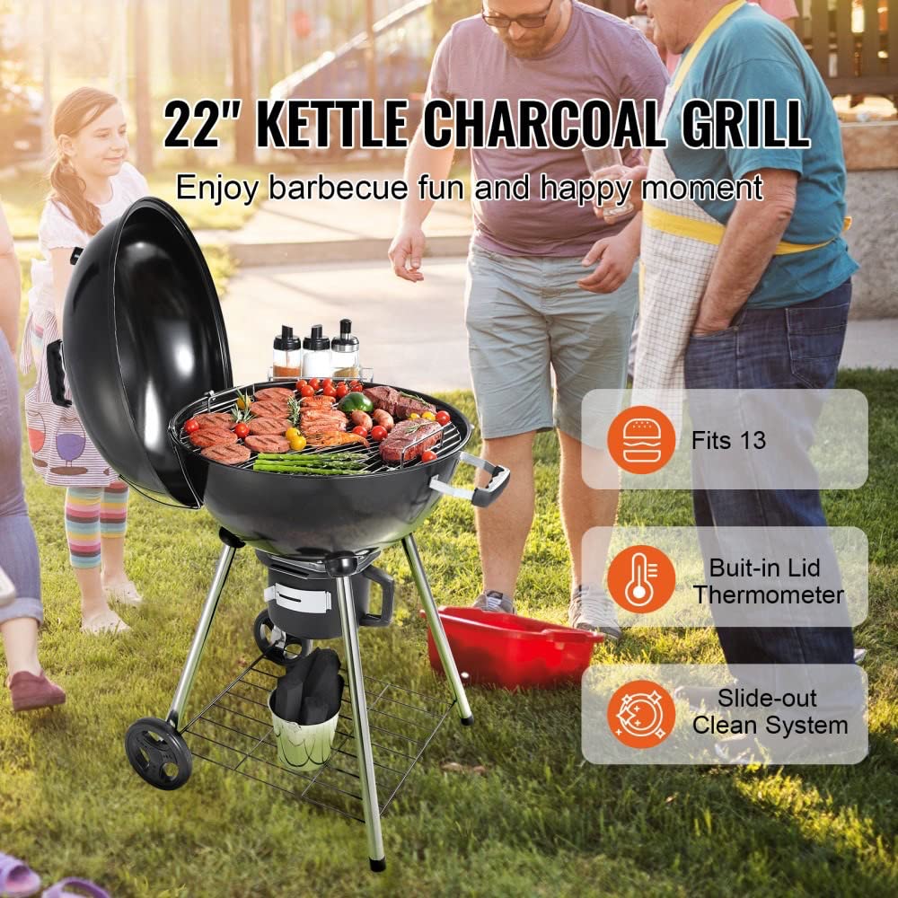 22 inch Portable Charcoal Grill, Propane Gas Kettle Grills with Cover, Iron & Steel Small BBQ Grill, Mini Tabletop Smoker for Outdoor Cooking, Barbecue Camping, Picnic, Patio and Backyard, Black