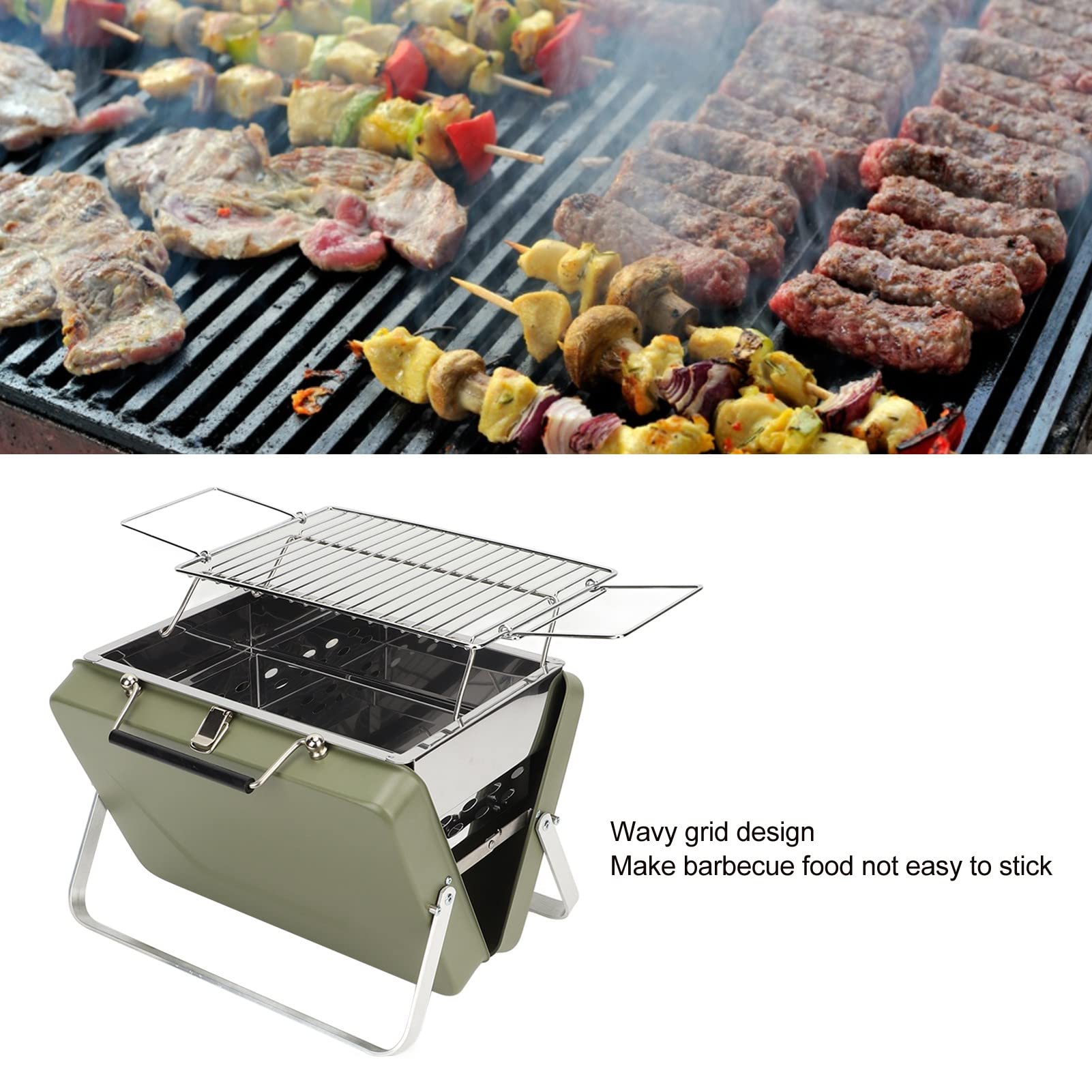 Folding Barbecue Grill, Portable Charcoal BBQ Grill Mini Wavy Grid for Backyard Picnic(Green) Camping Sports