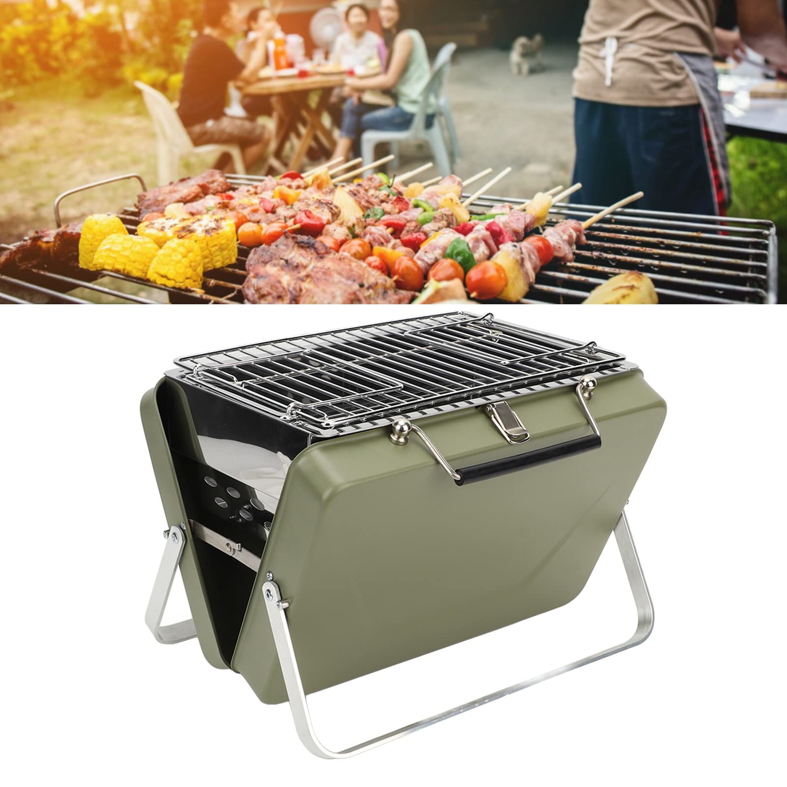 Folding Barbecue Grill, Portable Charcoal BBQ Grill Mini Wavy Grid for Backyard Picnic(Green) Camping Sports