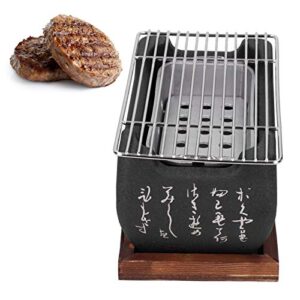 Japanese Style Grill Portable Japanese Charcoal Grill Mini Grill Charcoal Stove Yakitori Grill Household Indoor Barbecue Grill with Wire Mesh Wooden Base for 1-2 Person