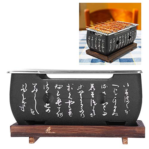 Japanese Style Grill Portable Japanese Charcoal Grill Mini Grill Charcoal Stove Yakitori Grill Household Indoor Barbecue Grill with Wire Mesh Wooden Base for 1-2 Person