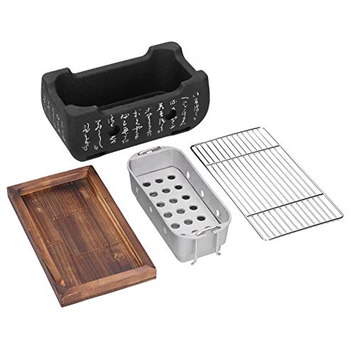 Japanese Style Grill Portable Japanese Charcoal Grill Mini Grill Charcoal Stove Yakitori Grill Household Indoor Barbecue Grill with Wire Mesh Wooden Base for 1-2 Person