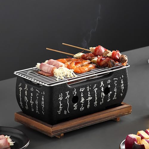 Japanese Style Grill Portable Japanese Charcoal Grill Mini Grill Charcoal Stove Yakitori Grill Household Indoor Barbecue Grill with Wire Mesh Wooden Base for 1-2 Person