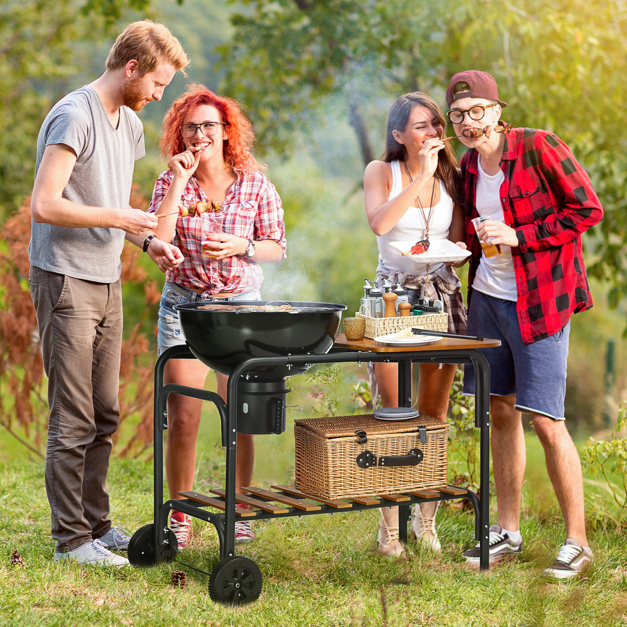 Outsunny Charcoal Grill BBQ, 21-Inch Rolling Backyard Barbecue with Chopping Block Table, a Cutting Board, Shelf, Wheels, Vents & Thermometer, Black