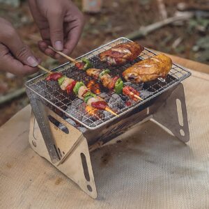 Mini Charcoal Grill, Stainless Steel Barbecue Grill,Portable and Foldable BBQ Barbecue Oven for Outdoor Cooking Camping Hiking Picnics (210mm*160mm*125mm)