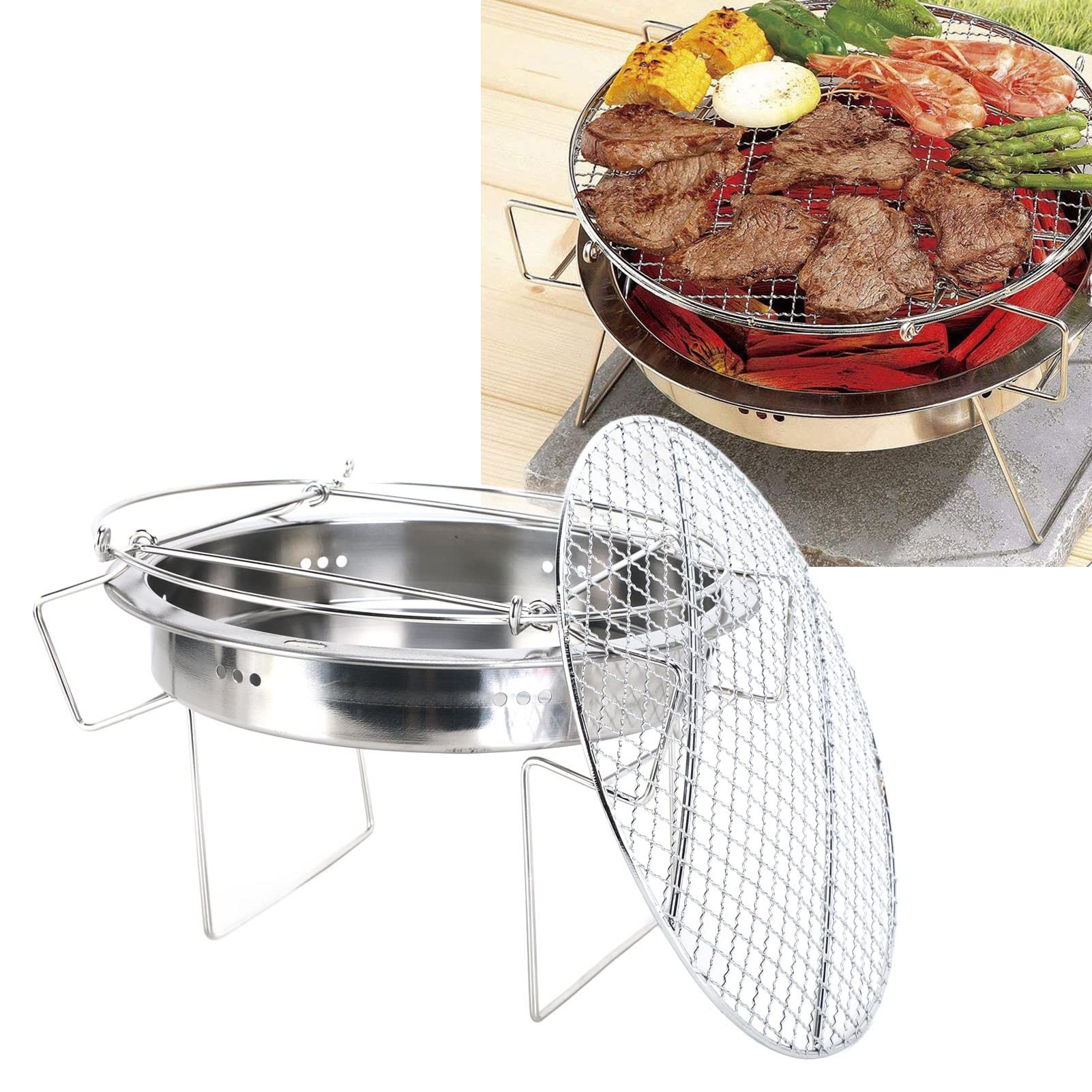 Camping Equipment, Barbecue Stove, Barbecue Set, Round Barbecue Grill, Stainless Steel Mini Folding Round Brazier Grill, Eco-Friendly Portable Charcoal Grill with Grill Mesh