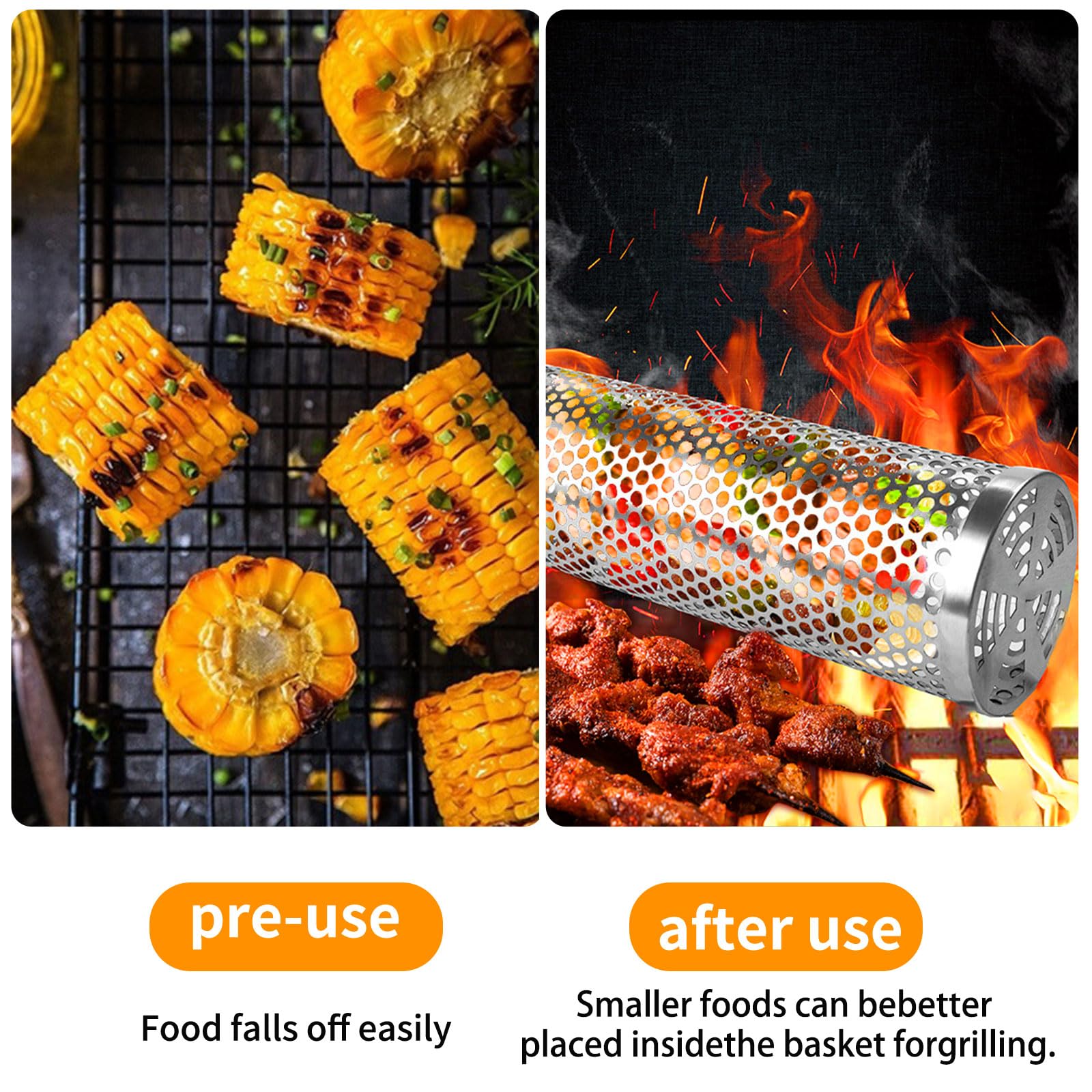 Vilopin Rolling Grilling Baskets for Outdoor Grill BBQ,Net Tube,Stainless Steel Large Round Mesh Rotation Barbecue Cylinder Cage Cooking Accessories for Veggies Fish Meat Food Camping Family Picnic