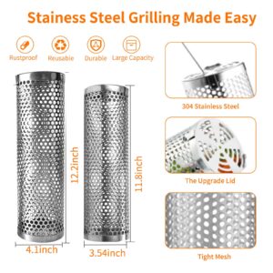 Vilopin Rolling Grilling Baskets for Outdoor Grill BBQ,Net Tube,Stainless Steel Large Round Mesh Rotation Barbecue Cylinder Cage Cooking Accessories for Veggies Fish Meat Food Camping Family Picnic