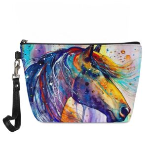 PIHNSDUA Watercolor Horse Cosmetic Bag Small Makeup Pouche PU Leather Zip Makeup Bags with Wrist Strap for Women Gifts