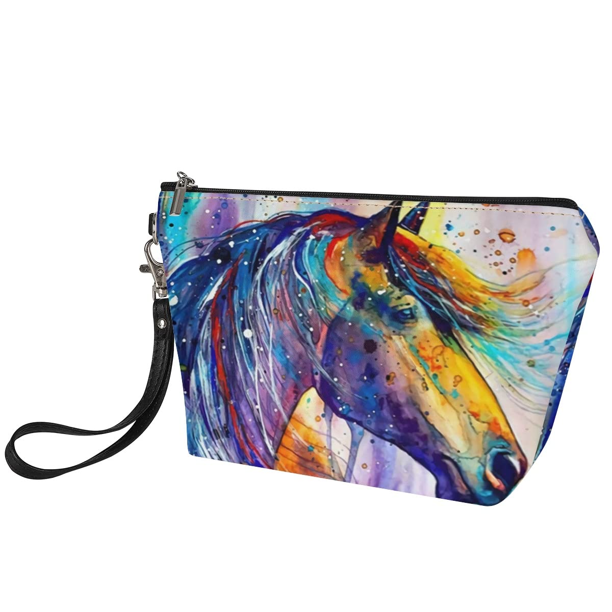 PIHNSDUA Watercolor Horse Cosmetic Bag Small Makeup Pouche PU Leather Zip Makeup Bags with Wrist Strap for Women Gifts