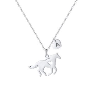 Horse Gifts for Girls Horse Necklace, Stainless Steel Heart A Initial Necklace Horse Necklace for Women Little Girls, Horse Necklace Jewelry Silver 26 Initial Letter Necklace for Girls Birthday Gifts