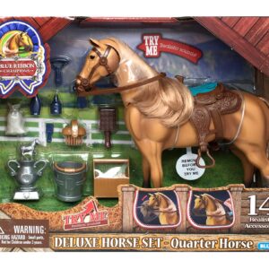 Sunny Days Entertainment | Quarter Horse with Moveable Head, Realistic Sound and 14 Grooming Accessories | Blue Ribbon Champions Deluxe Toy Horses