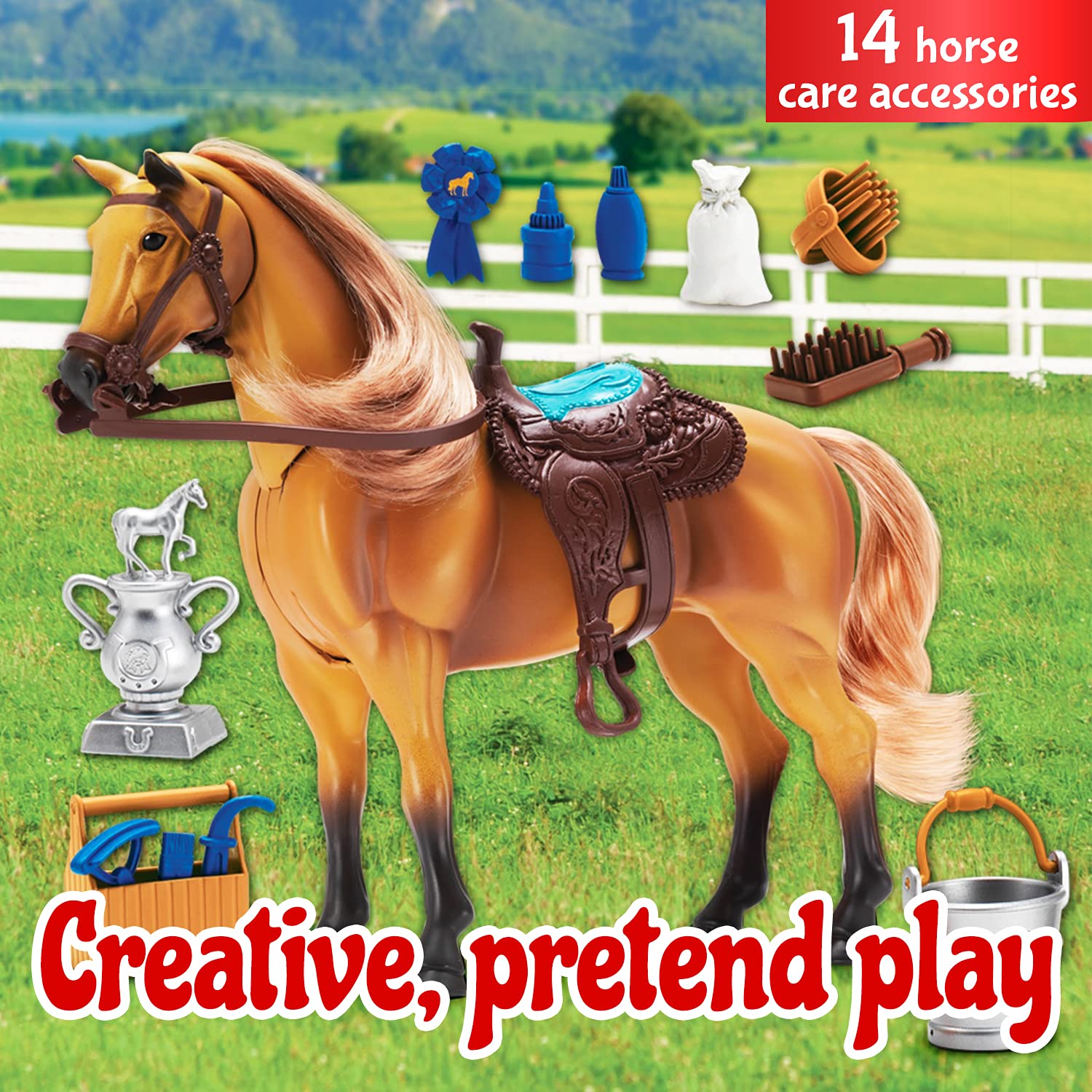 Sunny Days Entertainment | Quarter Horse with Moveable Head, Realistic Sound and 14 Grooming Accessories | Blue Ribbon Champions Deluxe Toy Horses