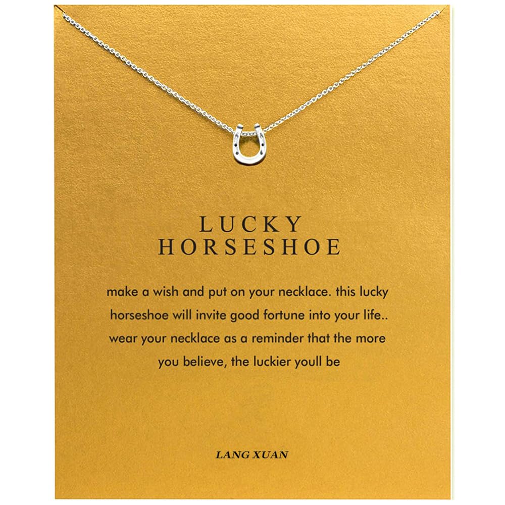 LANG XUAN Good Luck Horseshoe Pendant Friendship Chain Necklace with Meaning Card for Women Silver Gift