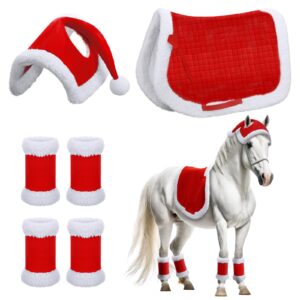 abbylike 6 pcs christmas holiday santa leg wraps with faux fur trim holiday santa horse hat all purpose santa saddle pad for christmas horse costume accessories