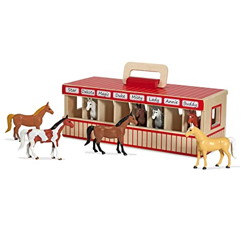 Melissa & Doug Take-Along Show-Horse Stable With Wooden Box and 8 Toy, Barn Play Set, Portable, Toys For Kids Ages 3+