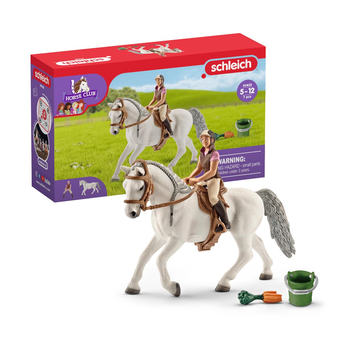 Schleich Horse Club Lipizzaner Mare Horse and Rider Figurine Playset - Realistic Rider and Horse with Feed Bucket, Saddle, and More, Playtime Fun for Boys and Girls, Gift for Kids Age 5+