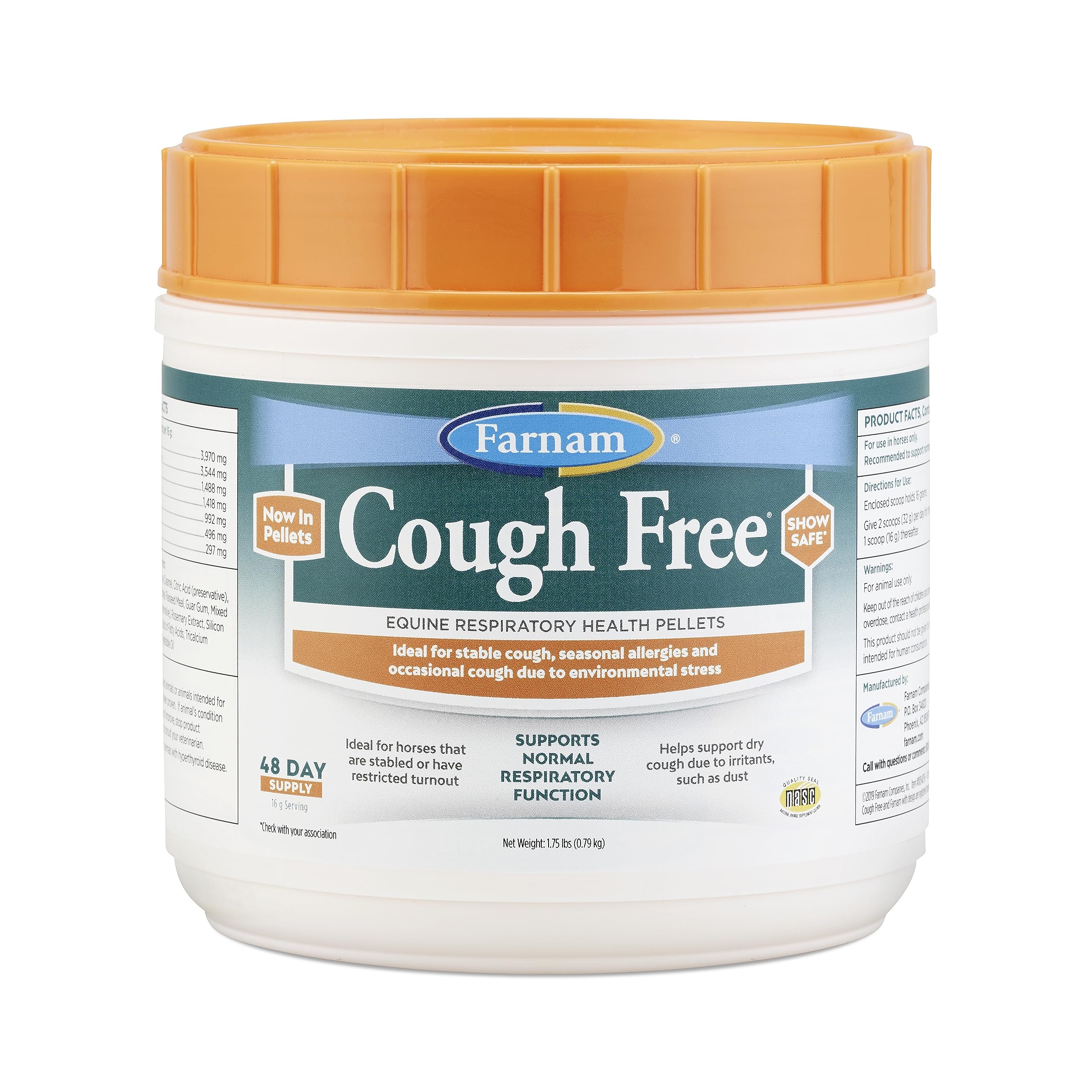 Farnam Cough Free Horse Cough Supplement Pellets, Provides respiratory support for horses W/seasonal allergies or stable cough, 1.75 lb, 48 day supply