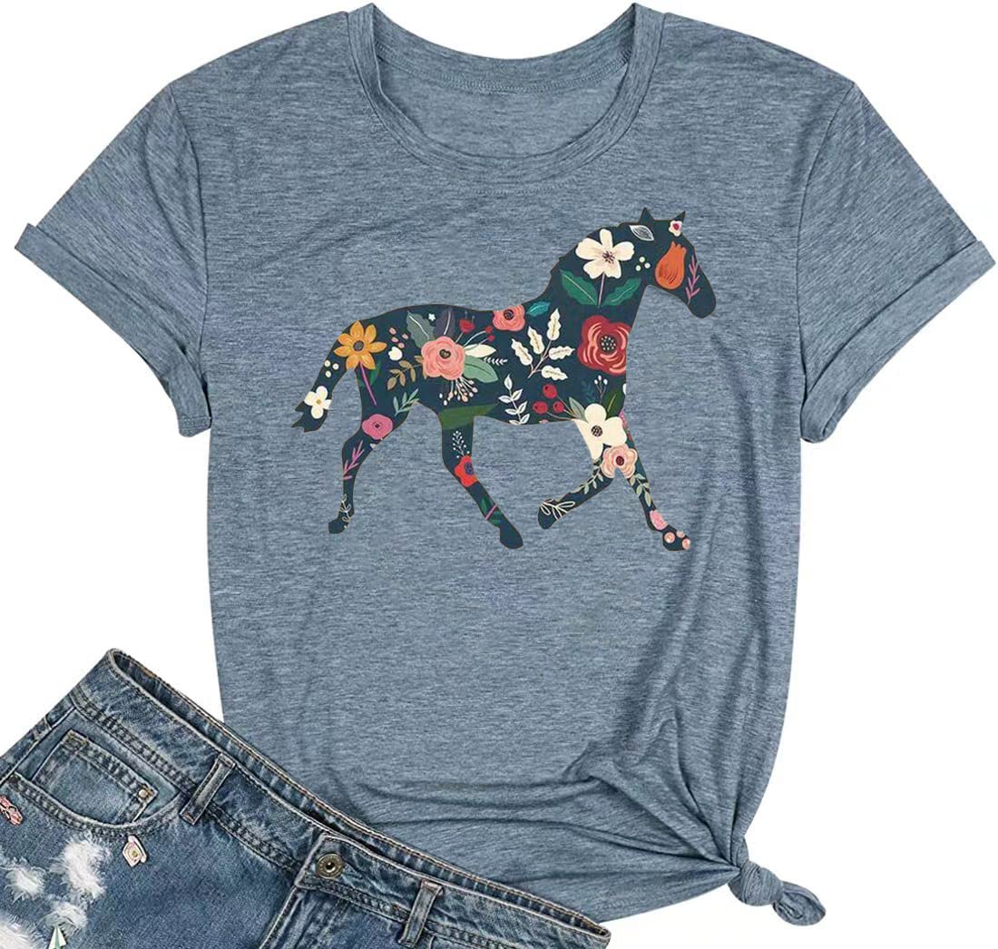 Womens Summer Horse Printed T-Shirt Funny Cute Animal Graphic Tees Tops(54-Light Blue,M)