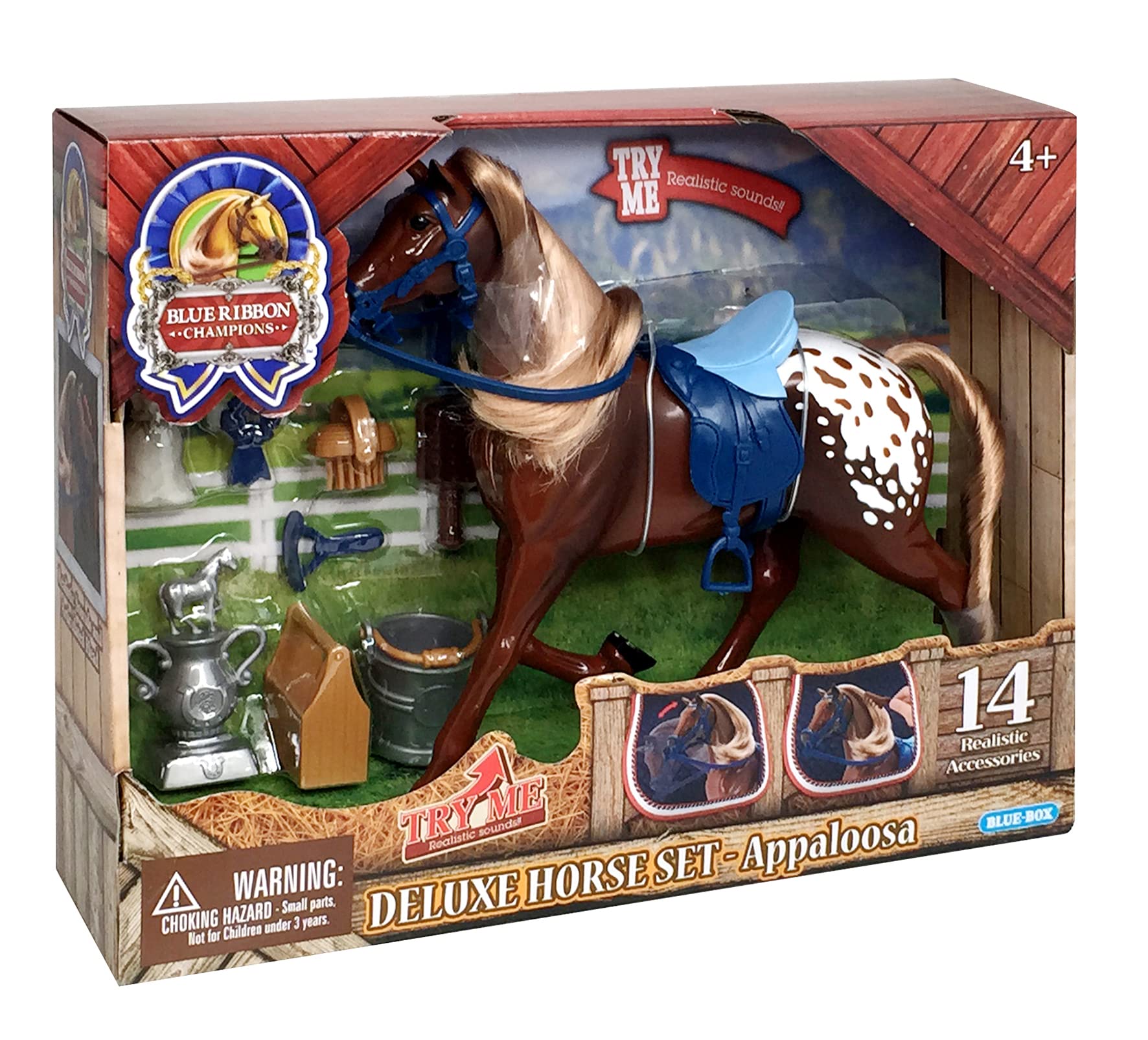 Sunny Days Entertainment Appaloosa Horse with Moveable Head, Realistic Sound and 14 Grooming Accessories - Blue Ribbon Champions Deluxe Toy Horses