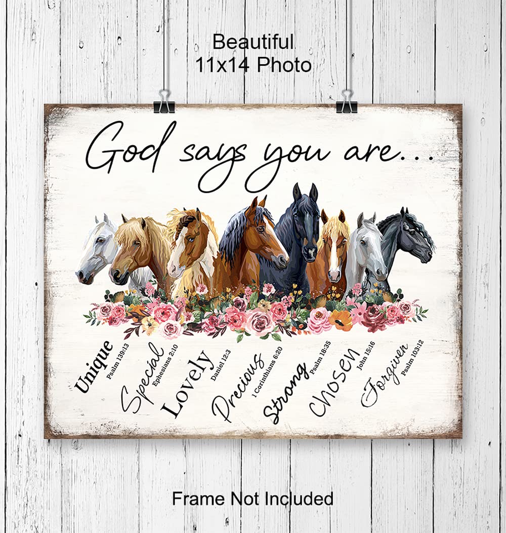 Christianity Religion Horse Wall Art 11x14 - Inspiration spiritual Scripture Boho-chic Farmhouse Poster - God Says You Are Girl Bedroom Decor - Shabby chic decoration - Country Western Gift for Woman