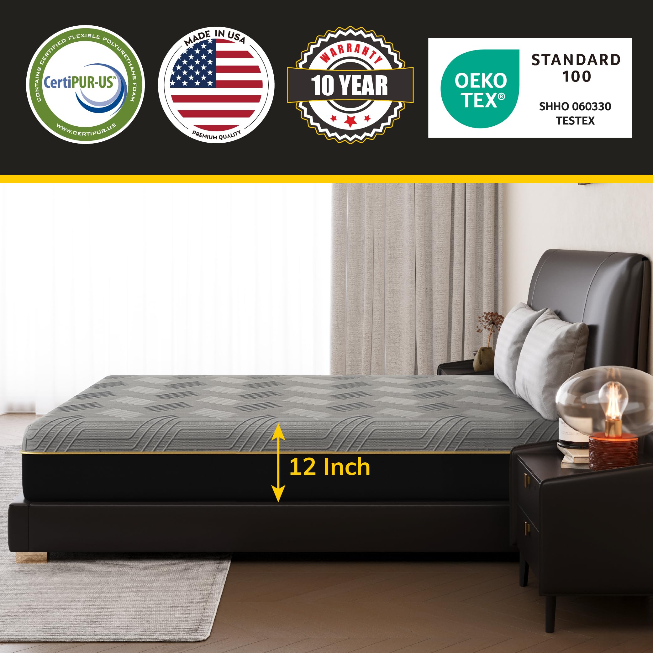 EGOHOME 12 Inch King Mattress, Copper Gel Cooling Memory Foam Mattress for Back Pain Relief,Therapeutic Double Mattress Bed in a Box, Made in USA, CertiPUR-US Certified, 76x80x12 Black