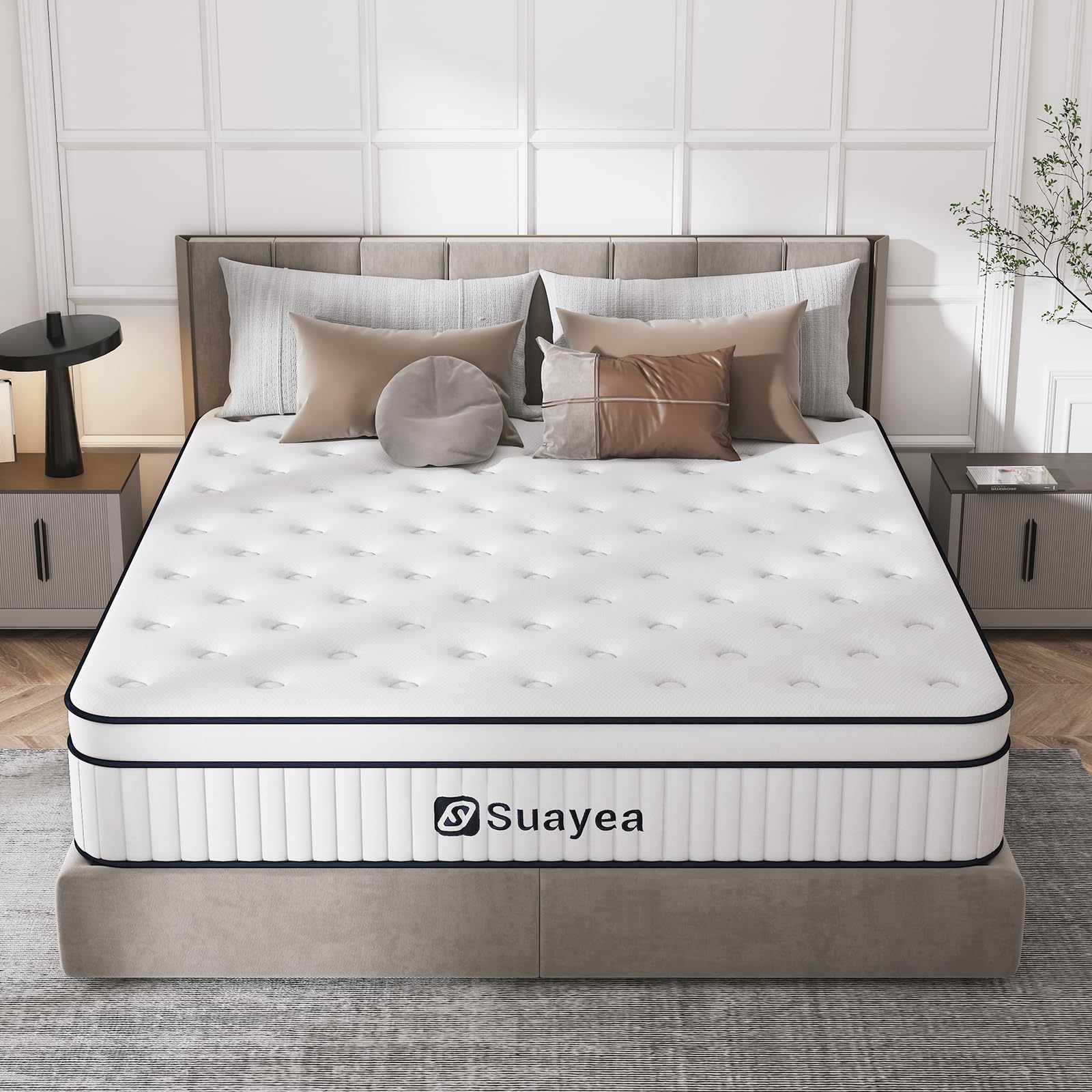 SUAYEA Queen Mattress, 10 Inch Queen Size Mattress in a Box, Medium Firm Matterss with Pocket Spring and Soft Foam, Ultimate Motion Isolation, Strong Edge Support, Hybrid Mattress