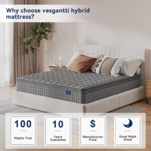 Vesgantti 12 Inch Multilayer Hybrid Queen Mattress - Multiple Sizes & Styles Available, Ergonomic Design with Memory Foam and Pocket Spring, Medium Firm Feel, Grey