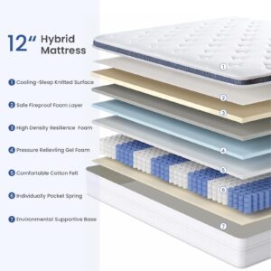 Dourxi Queen Mattress, 12 Inch Hybrid Queen Size Memory Foam Mattress in a Box, Individually Pocket Spring for Pressure-Relief and Supportive, Non-Fiberglass Mattressess - Medium