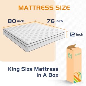 Hohamn King Mattress,12 Inch Hybrid Mattresses with Individual Pocket Springs & CertiPUR-US High Density Foam Mattresses in a Box High Permeability Skin-friendly,Medium Firm King Size Mattress