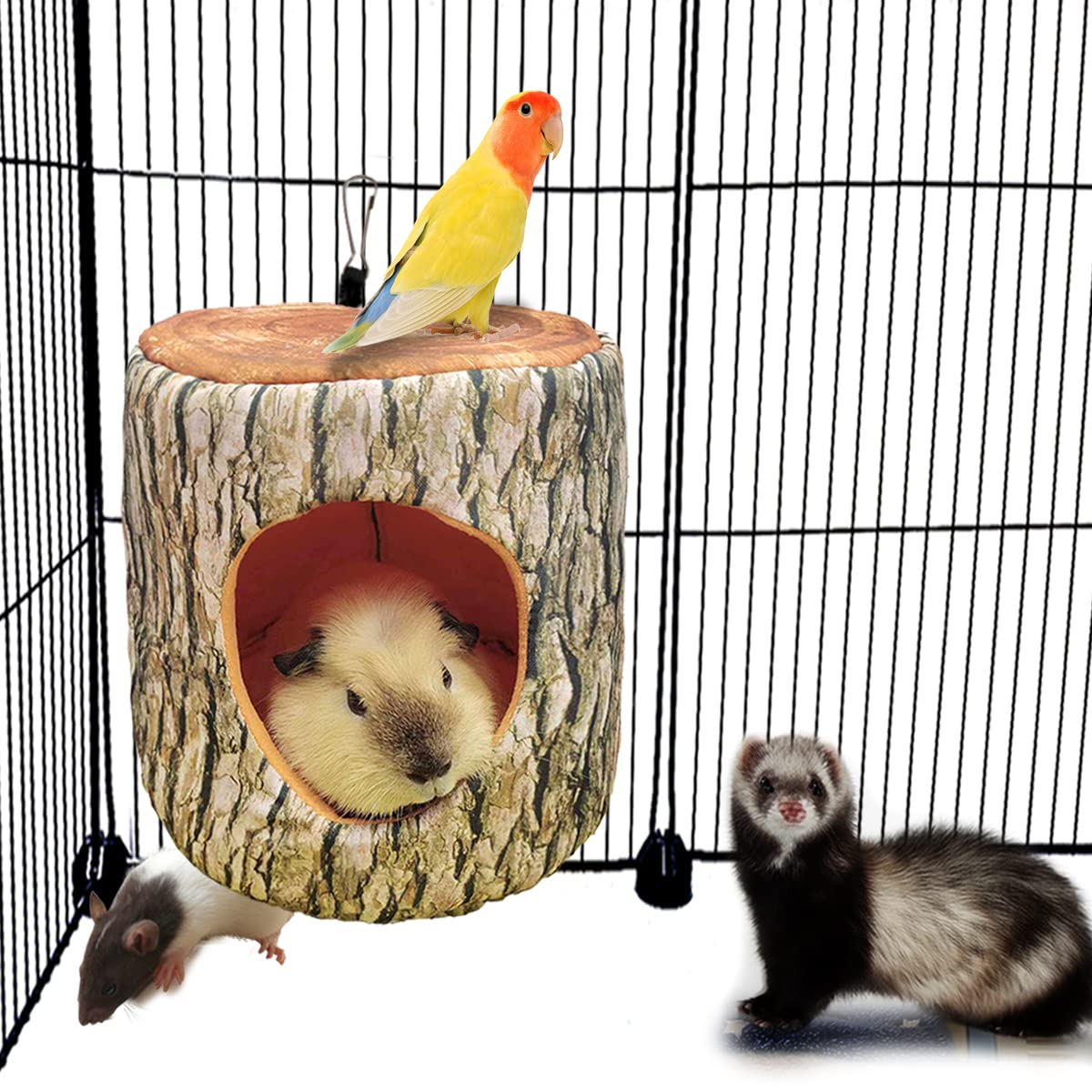 EAEDMY Guinea Pig Rat Ferret Tree Hole Bed and Hammock Tunnel, Ferret Hanging Bunk Bed Hammock, Parrot Bird Tree Hole, Small Animals Hideout and Soft Bed (3.Tree Hole Bed)