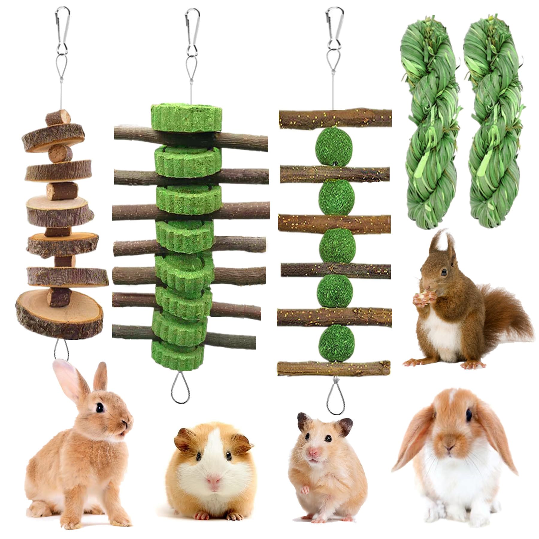 Grembeb 5pcs Rabbit Toys,Bunny Chew Treat for Teeth Grinding,Hanging Timothy Hay Ball +Apple Stick Wood +Alfalfa Grass Cake Food Snack for Cage Guinea Pig Chinchilla Hamster Squirrel Gerbil Rat Parrot