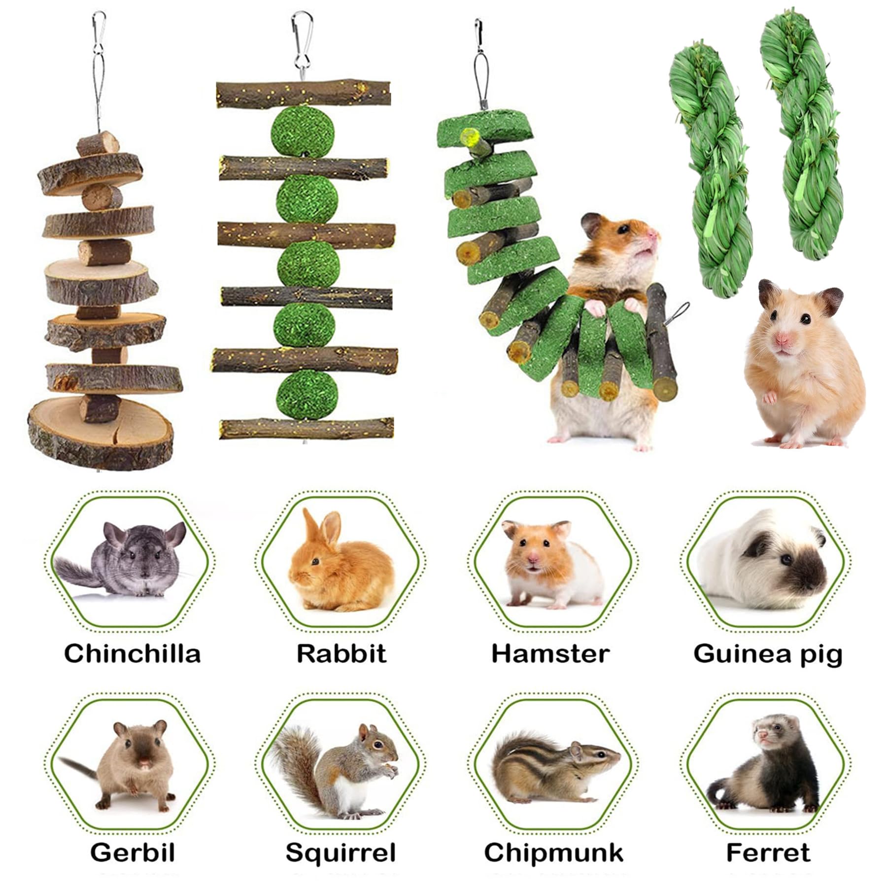 Grembeb 5pcs Rabbit Toys,Bunny Chew Treat for Teeth Grinding,Hanging Timothy Hay Ball +Apple Stick Wood +Alfalfa Grass Cake Food Snack for Cage Guinea Pig Chinchilla Hamster Squirrel Gerbil Rat Parrot