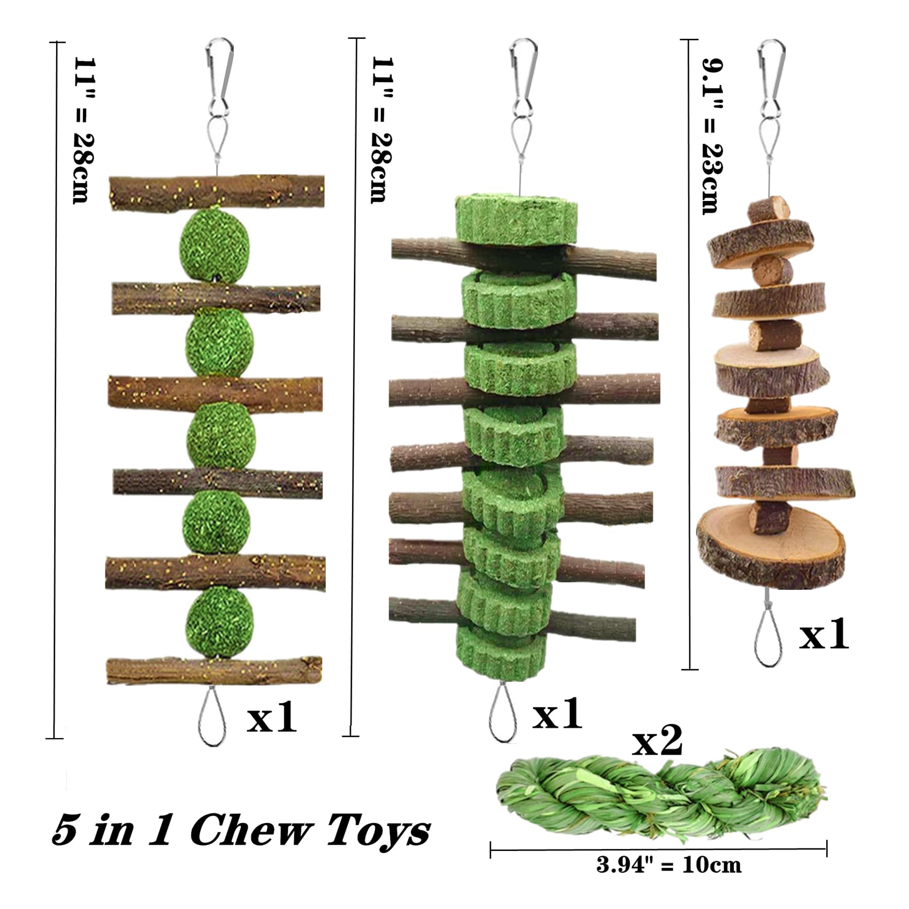 Grembeb 5pcs Rabbit Toys,Bunny Chew Treat for Teeth Grinding,Hanging Timothy Hay Ball +Apple Stick Wood +Alfalfa Grass Cake Food Snack for Cage Guinea Pig Chinchilla Hamster Squirrel Gerbil Rat Parrot