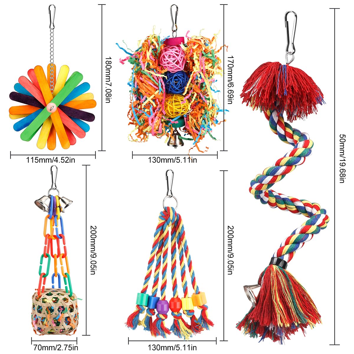 Bird Toys Bird Rope Perch with Bell Colorful Bird Chewing Shredding Foraging Toys Parakeet Toy Parrot Swing Climbing Standing Hanging Toys Bird Cage Accessories for Conure Cockatiel Budgies Lovebird