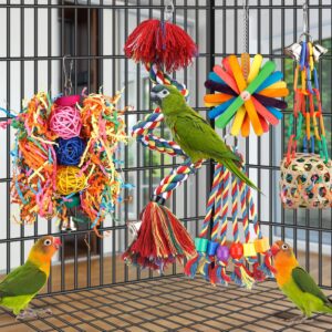 Bird Toys Bird Rope Perch with Bell Colorful Bird Chewing Shredding Foraging Toys Parakeet Toy Parrot Swing Climbing Standing Hanging Toys Bird Cage Accessories for Conure Cockatiel Budgies Lovebird