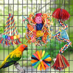 Bird Toys Bird Rope Perch with Bell Colorful Bird Chewing Shredding Foraging Toys Parakeet Toy Parrot Swing Climbing Standing Hanging Toys Bird Cage Accessories for Conure Cockatiel Budgies Lovebird