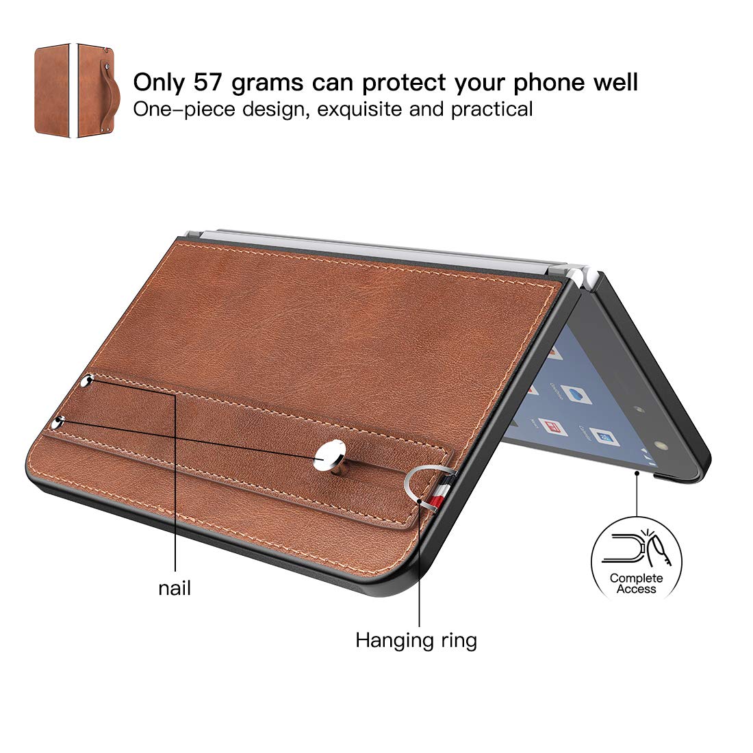 Foluu for Microsoft Surface Duo Case, Surface Duo Leather Case 2020, [Slim & Lightweight] PU Leather Back Cover Hard PC Holder with Hand Strap Protective Phone Case for Microsoft Surface Duo (Brown)