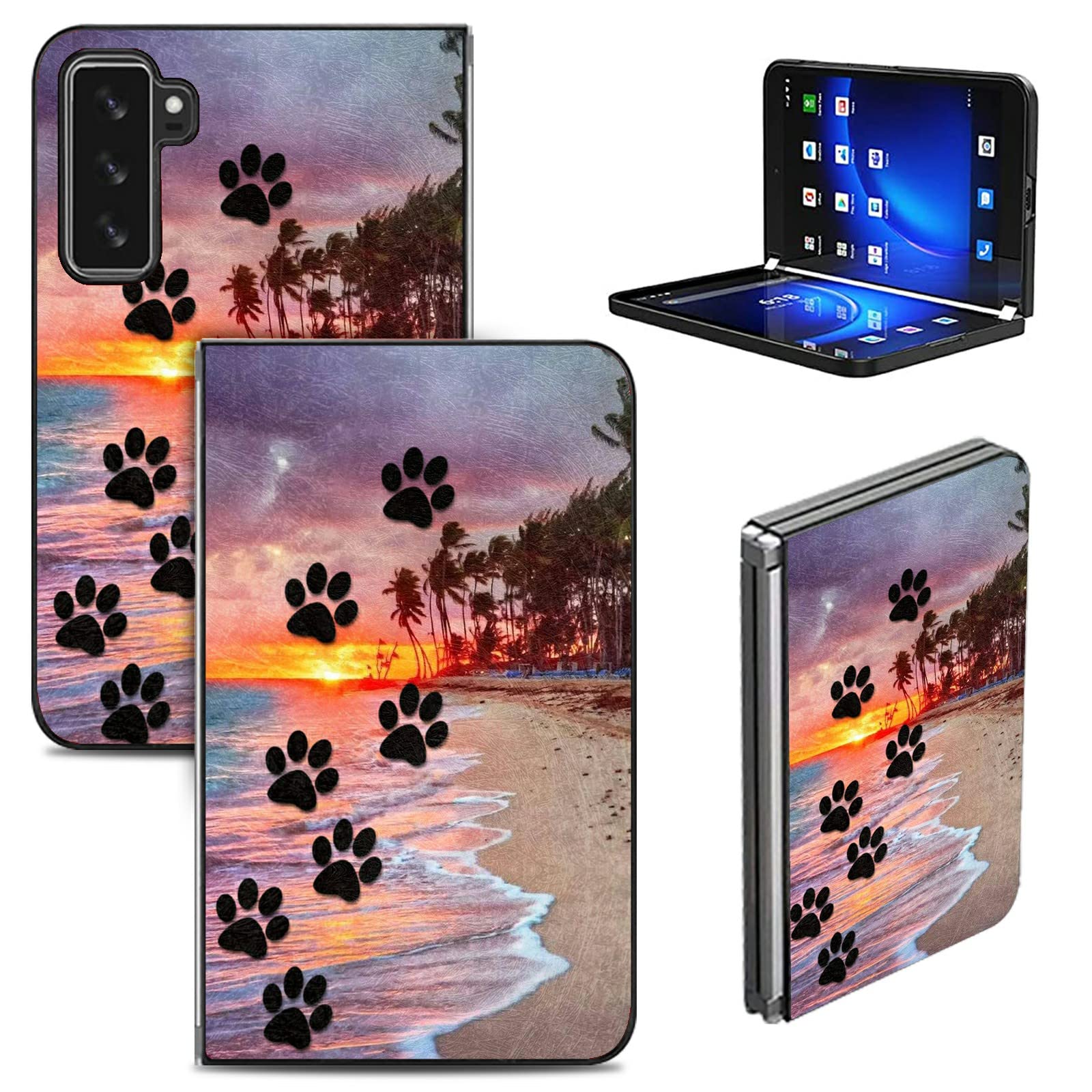 RWUTYTIUL Compatible with Microsoft Surface Duo 2 Case 8.3", Minimalist Ultra Slim Durable Texture Bumper Hard PC Protective Phone Fold Case for Microsoft Surface Duo 2 2nd 2021, Dog Paw Print Beach