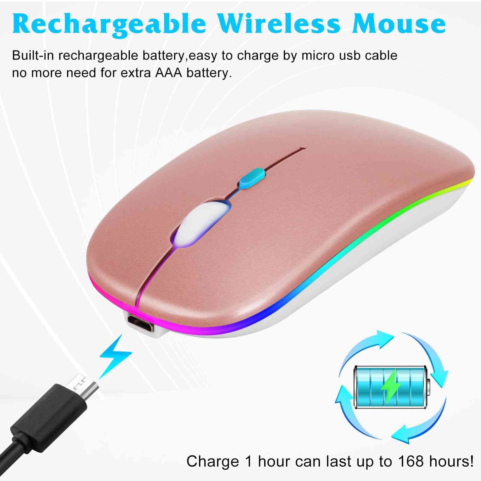 2.4GHz & Bluetooth Mouse, Rechargeable Wireless Mouse for Microsoft Surface Duo Bluetooth Wireless Mouse for Laptop/PC/Mac/Computer/Tablet/Android RGB LED Rose Gold