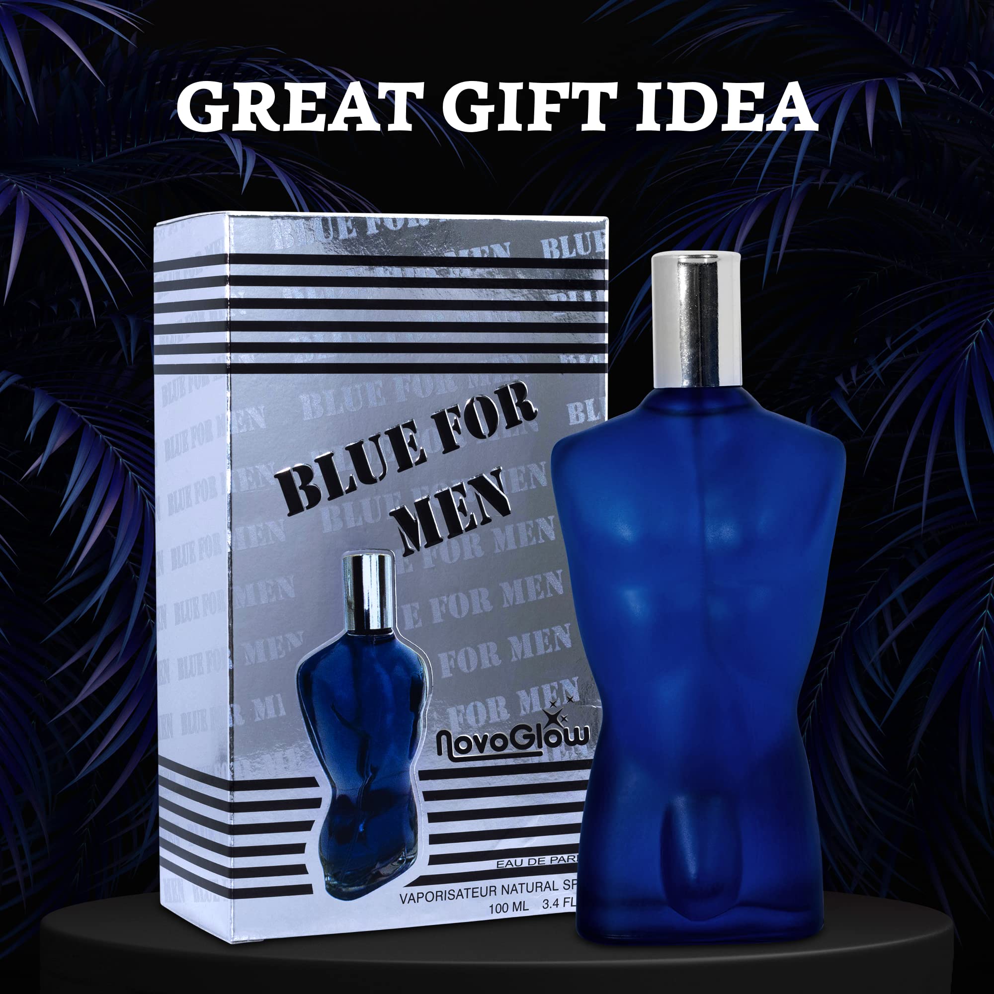 NovoGlow Blue For Men - 3.4 Fl Oz Eau De Parfum Spray for Men - Long Lasting Warm Masculine & Spicy Fragrance Smell Fresh All Day Long Gift for Men for All Occasions