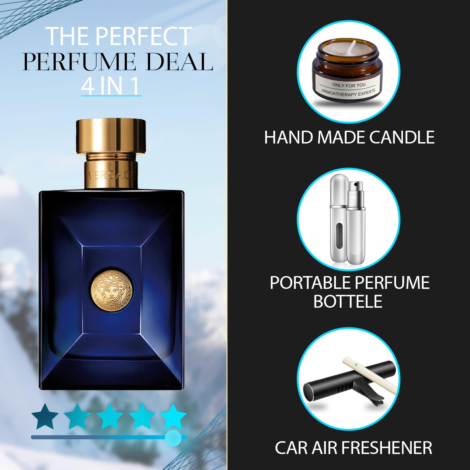 Dylan Blue Cologne for Men, 3.4 oz.Eau de Toilette Spray - Gift Set Pack With Lavender Soy Candle, Car Air Fresheners, and Empty Travel Perfume Atomizer