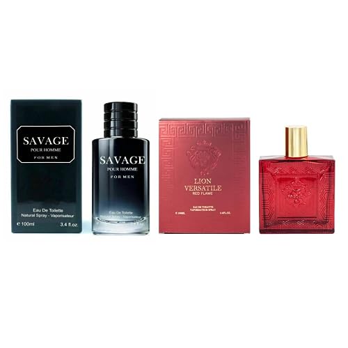 Lomitin Savage Pour Home & Lion Versatile Red Flame Cologne for Men, Eau De Toilette Natural Spray, (Inspired by Sauvage & Versase Red Flame) 3.4oz Fl Oz/100ml each