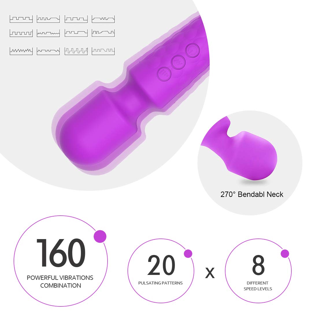 Female Vibrator, G-Spot & Sex Toy, 20 Modes & 8 Speeds Wand Massager, Quiet, Waterproof, USB Rechargeable Vibrator, Hand-Held Cordless Sex Toys Vibrator for Her Pleasure, Female Adult Toy - Purple