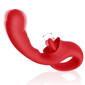 clitoral licking g spot vibrator, 2 in 1 nipple clitoralis stimulator with 10 licking & vibrating modes, rechargeable strapless strap-on realistic dildo vibrator, adult sex toys for women couple (red)