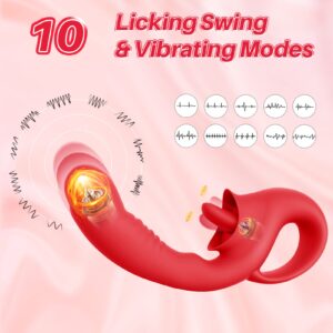 Clitoral Licking G Spot Vibrator, 2 in 1 Nipple Clitoralis Stimulator with 10 Licking & Vibrating Modes, Rechargeable Strapless Strap-On Realistic Dildo Vibrator, Adult Sex Toys for Women Couple (Red)